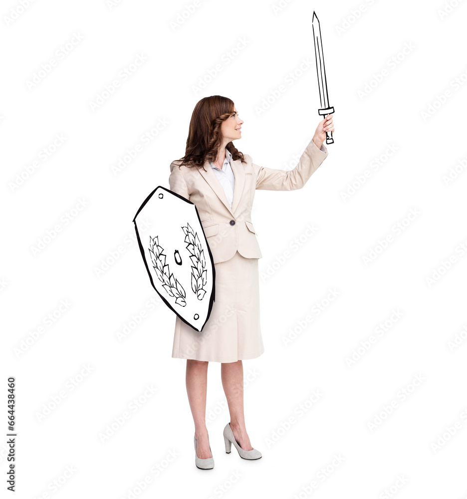 Digital png photo of caucasian businesswoman with sword and shield on transparent background Digital png photo of caucasian businesswoman with sword and shield on transparent background