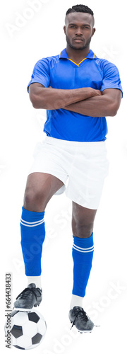 Digital png photo of african american male footballer with ball on transparent background