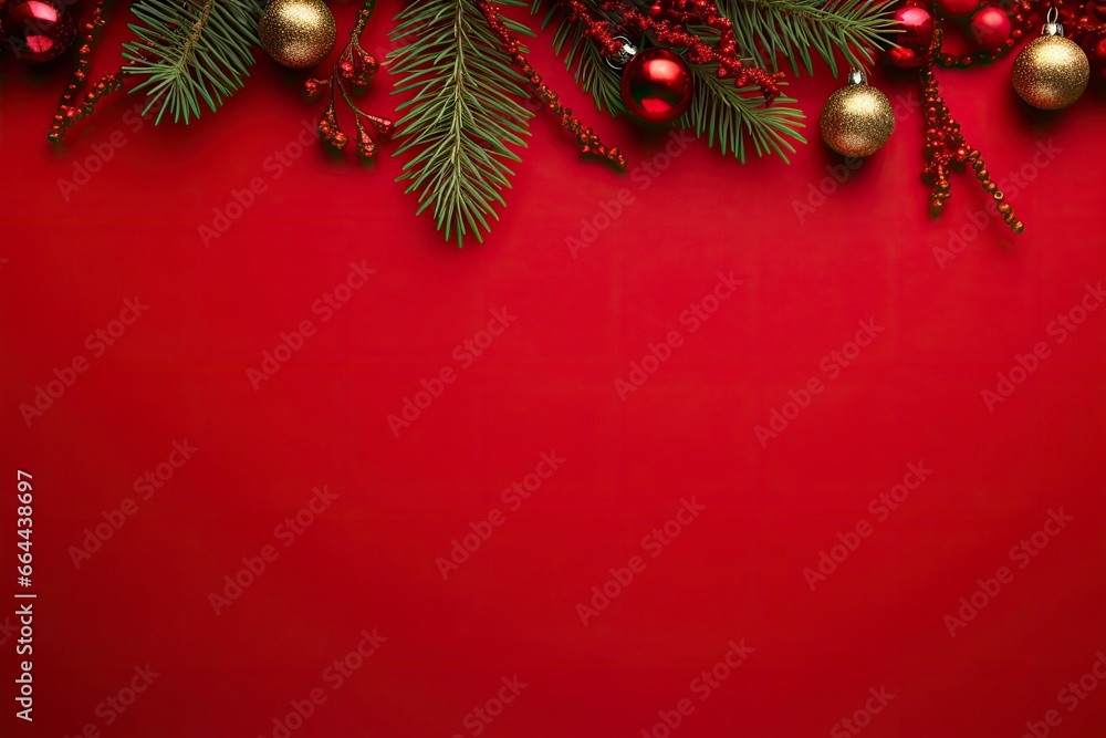 Christmas or New Year red background with fir decor. Christmas or New Year red background with fir decor.