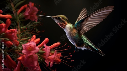 An Anna's hummingbird taking a flower's nectar.