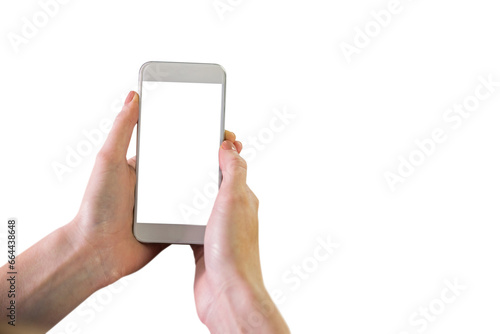 Digital png photo of hands of caucasian woman with smartphone on transparent background