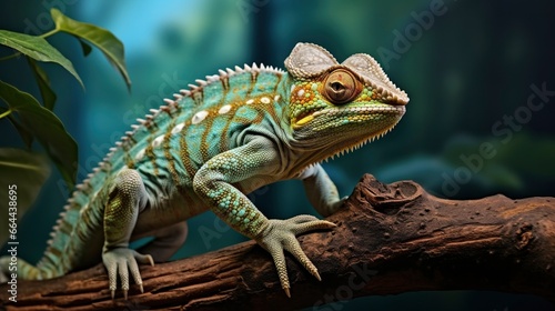 Chameleon reptile perches on a branch. © MDBILLAL