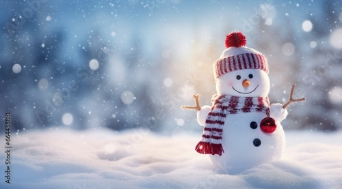 Happy snowman in the winter scenery. © MDBILLAL