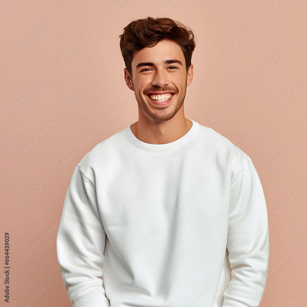 smiling man in white sweater mockup , standing in pink studio background ai generated art smiling man in white sweater mockup , standing in pink studio background ai generated art