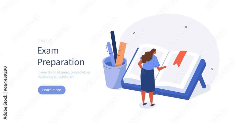 Education and knowledge concept. Student preparing to exam. Girl looking at open book, reading, making notes. Examination preparation. Vector illustration.