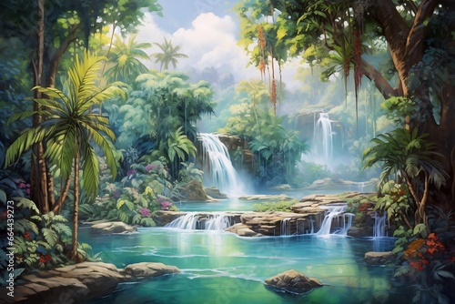 Waterfall in the jungle. Digital painting of tropical forest and waterfall.