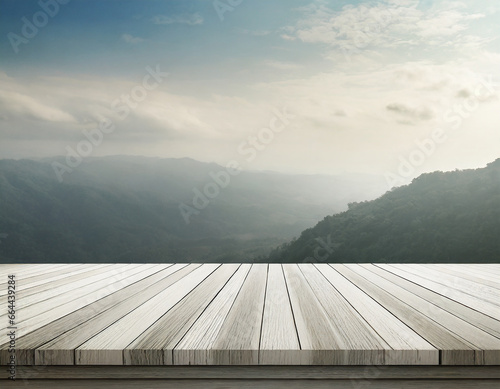 Wooden Terrace the blurred and Christmas background. Wood white table top perspective in front of natural in the sky with light and mountain blur background image for product display