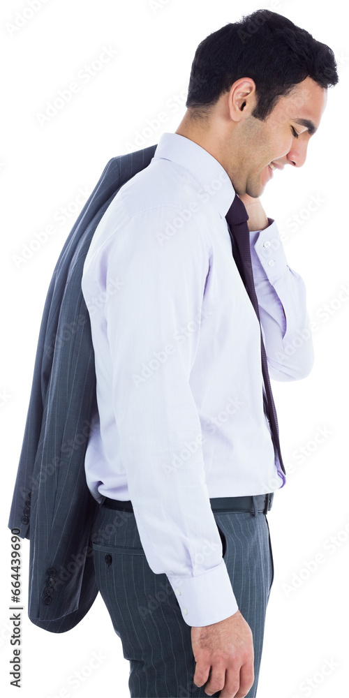 Digital png photo of happy biracial businessman looking down and smiling on transparent background Digital png photo of happy biracial businessman looking down and smiling on transparent background
