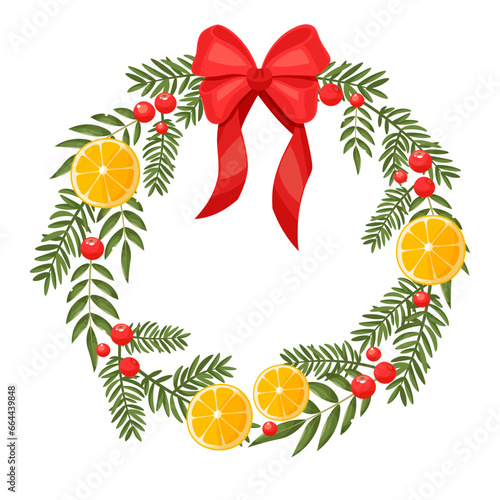 Winter christmas decoration wreath with red bow, orange, red berries and pine twigs. Design for Holidays invitation card, poster, banner, greeting card, postcard, packaging, print. Vector illustration