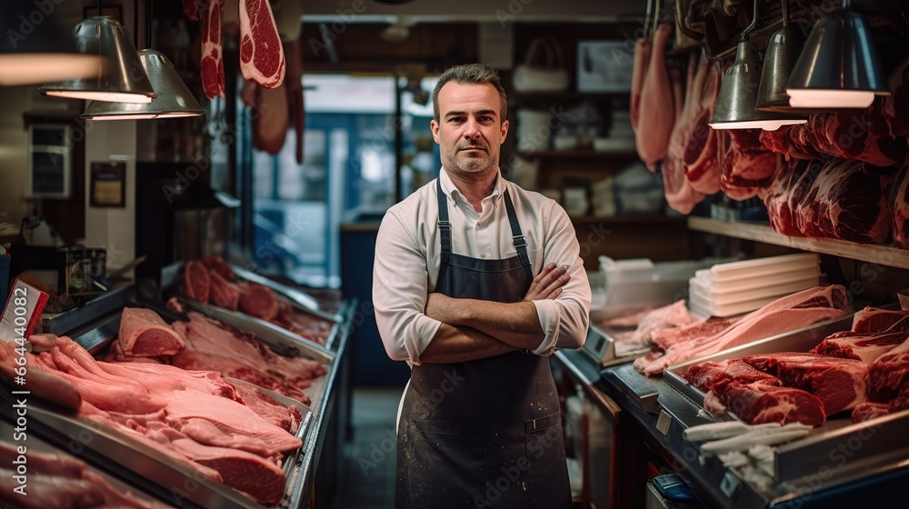 Young man standing in front of shelves with raw meat. Female butcher working in modern meathsop
