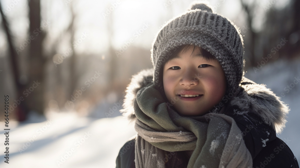 American-Korean boy in a gray scarf. AI Generated American-Korean boy in a gray scarf. AI Generated