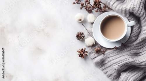 cozy winter background with cup of cocoa with space for text