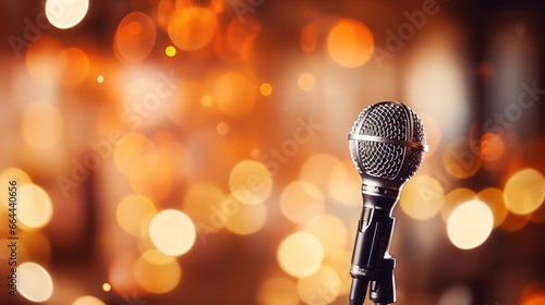 Music bokeh blurred background with microphone with copy space