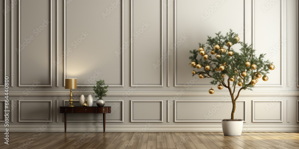 Generative ai illustration of Empty room with decorated christmas Tree Generative ai illustration of Empty room with decorated christmas Tree