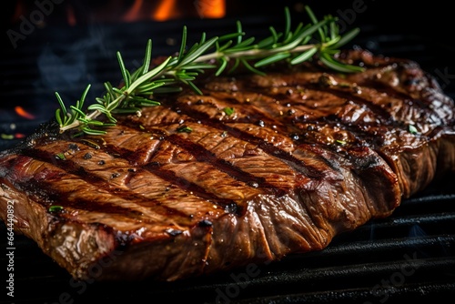 Grilled beef steaks with rosemary on the barbecue grill juicy steak with melted barbeque sauce on a black and blurry background