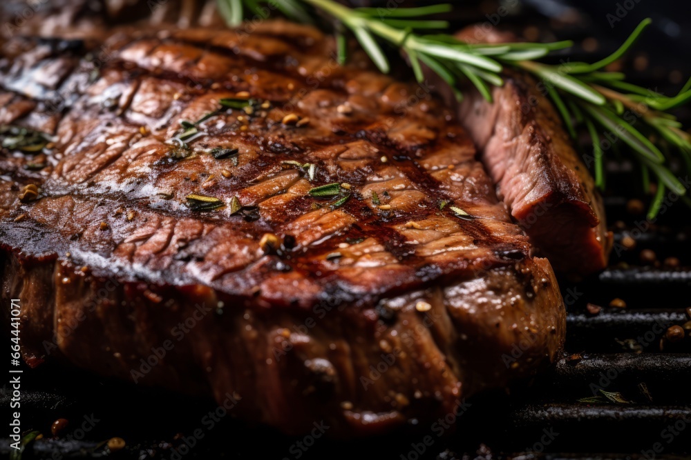 Grilled beef steaks with rosemary on the barbecue grill juicy steak with melted barbeque sauce on a black and blurry background Grilled beef steaks with rosemary on the barbecue grill juicy steak with melted barbeque sauce on a black and blurry background