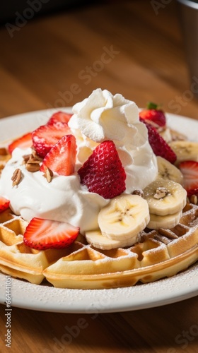 A mouthwatering waffle with sliced bananas strawberries