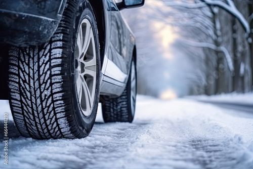 car on a snowy road, visible tire tread pattern