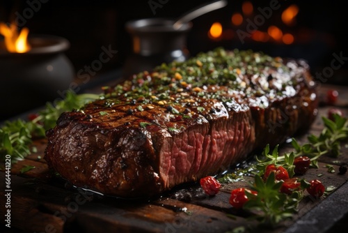 Grilled beef steaks with rosemary on the barbecue grill juicy steak with melted barbeque sauce on a black and blurry background