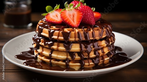 A stack of golden waffles topped with fresh strawberries
