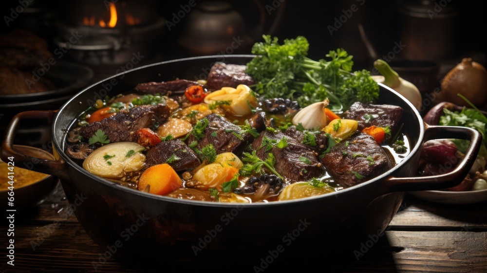 A Delicious Beef Broth with Bone-in Beef, Charred Vegetables A Delicious Beef Broth with Bone-in Beef, Charred Vegetables