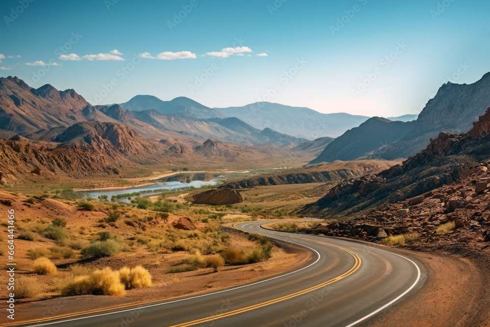 Curving asphalt road or highway leading through a picturesque desert landscape, framed by jagged mountains, with a winding river shimmering in the distance under a vast sky.