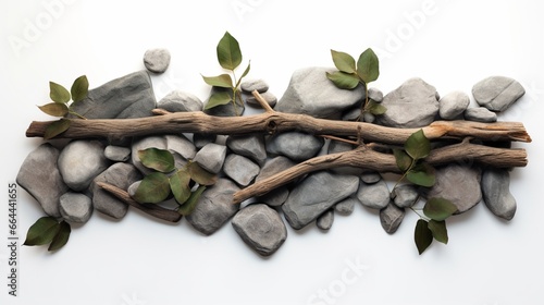 On a white background, a creative natural composition of stones, tree bark, and leaves is displayed.