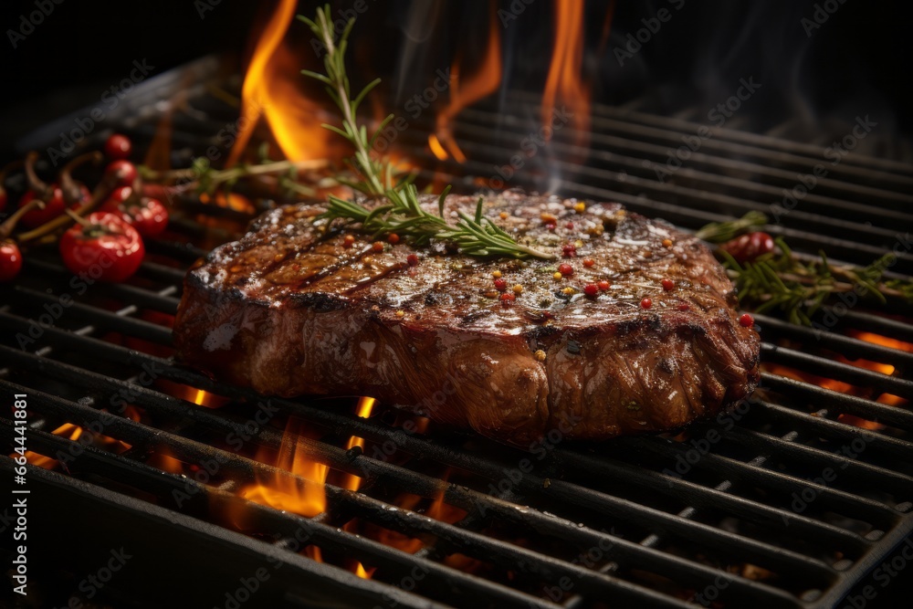 Grilled beef steaks with rosemary on the barbecue grill juicy steak with melted barbeque sauce on a black and blurry background Grilled beef steaks with rosemary on the barbecue grill juicy steak with melted barbeque sauce on a black and blurry background