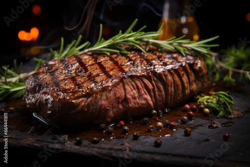 Grilled beef steaks with rosemary on the barbecue grill juicy steak with melted barbeque sauce on a black and blurry background
