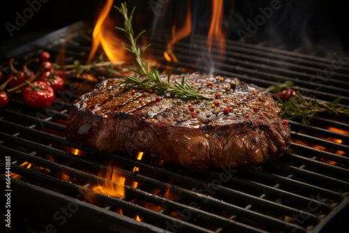 Grilled beef steaks with rosemary on the barbecue grill juicy steak with melted barbeque sauce on a black and blurry background