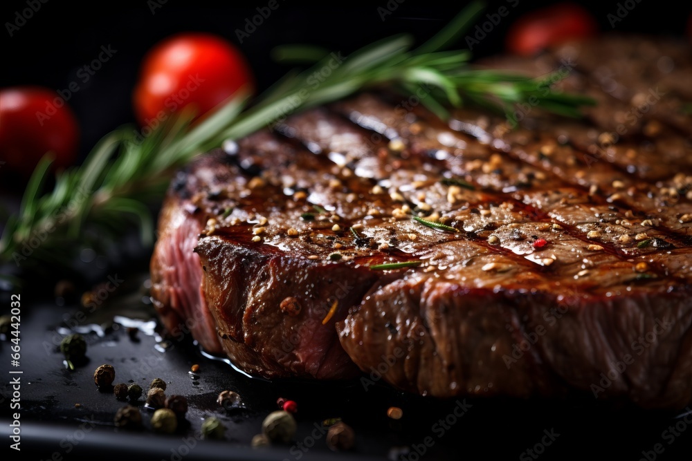 Grilled beef steaks with rosemary on the barbecue grill juicy steak with melted barbeque sauce on a black and blurry background Grilled beef steaks with rosemary on the barbecue grill juicy steak with melted barbeque sauce on a black and blurry background