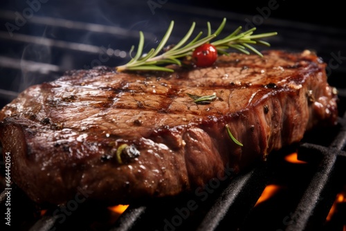 Grilled beef steaks with rosemary on the barbecue grill juicy steak with melted barbeque sauce on a black and blurry background