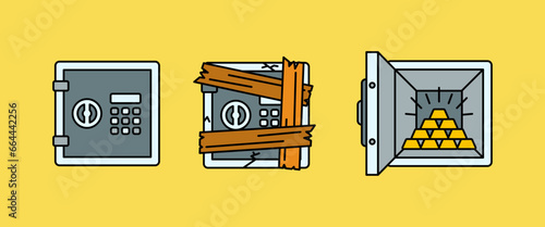 Gold bar in safety box, safe and secure, crack, fix, repair, wealth, editable line flat illustration