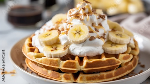 A close-up of a waffle with sliced bananas and whipped