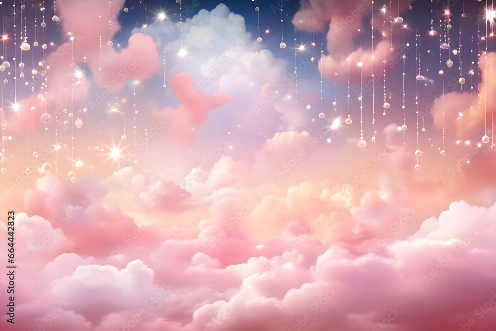 Sugar cotton pink clouds vector design background. Glamour fairytale backdrop. Plane sky view with stars and sunset. Watercolor style texture. Delicate card. Elegant decoration. Fantasy pastel color   - obrazy, fototapety, plakaty 