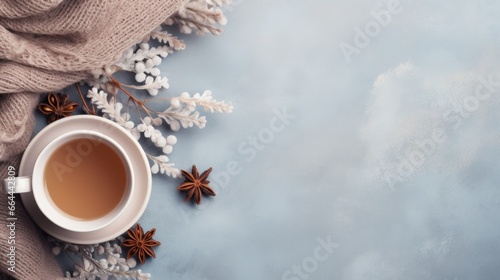 cozy winter background with cup of cocoa with space for text