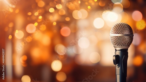 Music bokeh blurred background with microphone with copy space