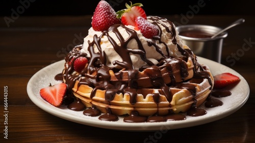 A deliciously sweet waffle covered in melted chocolate and strawberries