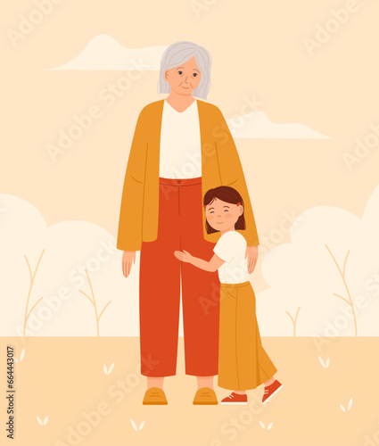 Granddaughter hugging her grandmother. Flat vector illustration with background
