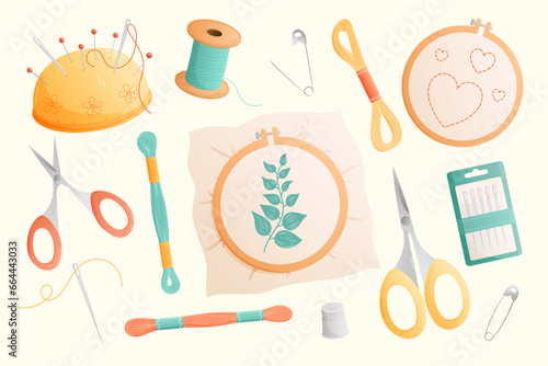 Set of tools for hobby, embroidery needlework, hoop, thread, needle, floss, scissors and pincushion. Cartoon vector illustration