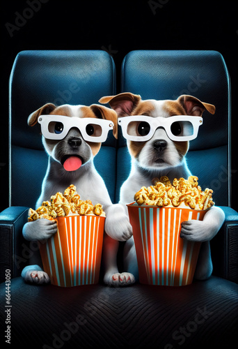 Puppies sitting in a movie theater. AI Generated