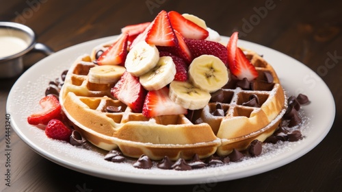 A plate of waffles with sliced bananas, strawberries