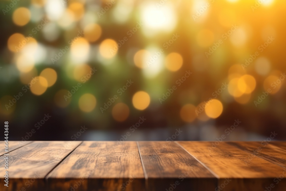 Empty wooden table top and blurred autumn landscape as background. Image for display your product. Fall season.