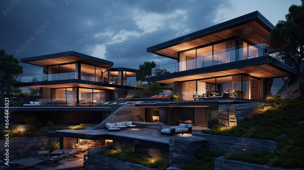 Evening view of the beautiful houses of modern architecture