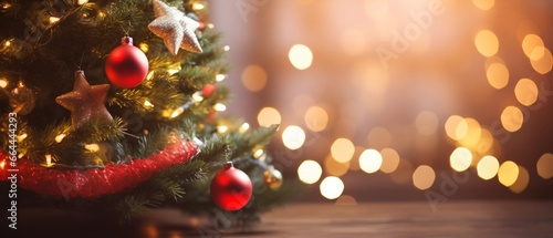 Christmas tree with decorations and blurred background with glare