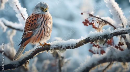 Kestrel perched on an icy branch