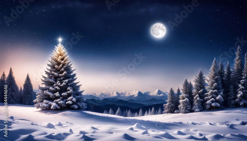 Christmas tree in winter landscape copy space