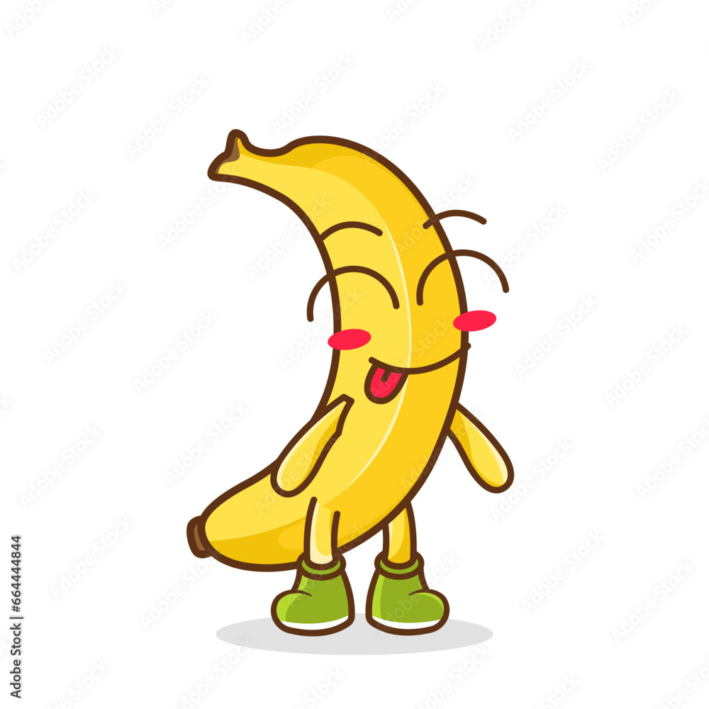 Fototapeta premium Cute banana character is teasing and sticking out his tongue. eyes closed tongue out emoji