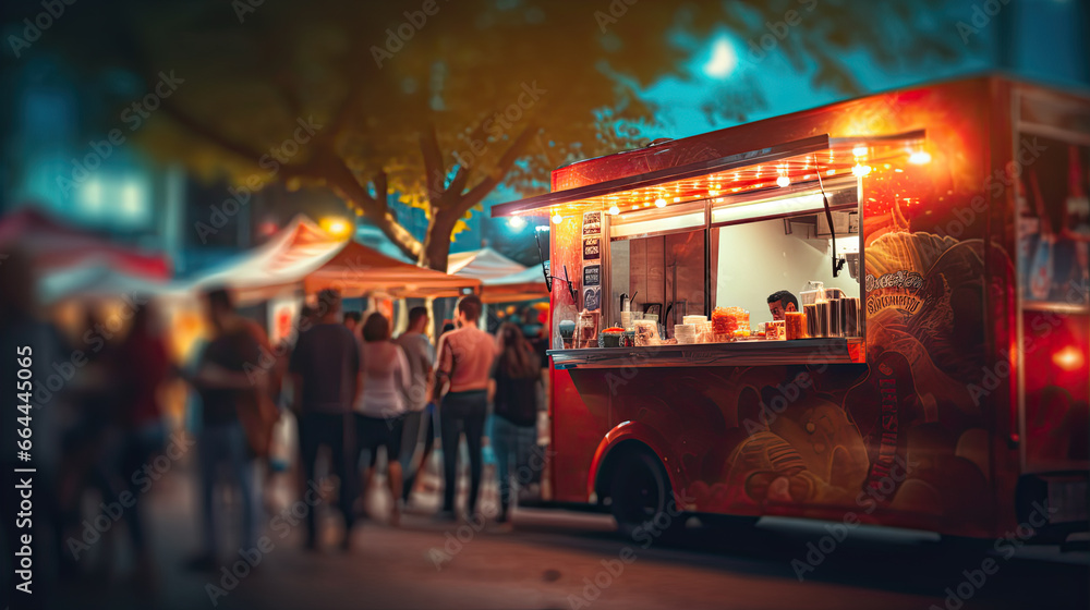 food truck in city festival , selective focus - obrazy, fototapety, plakaty 