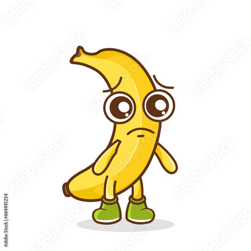 Cute sad banana fruit character, banana character with sad emotion, face, depressive eyes